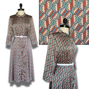 Retro Satin Geo Print Aline Dress Spring Summer Fall Modest Office Church Career